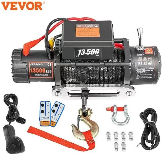VEVOR Elektrische Winde mit 13500 lbs Zugkraft, 12V Motor und 27 m synthetischem Abschleppseil in Schwarz - Bild 1