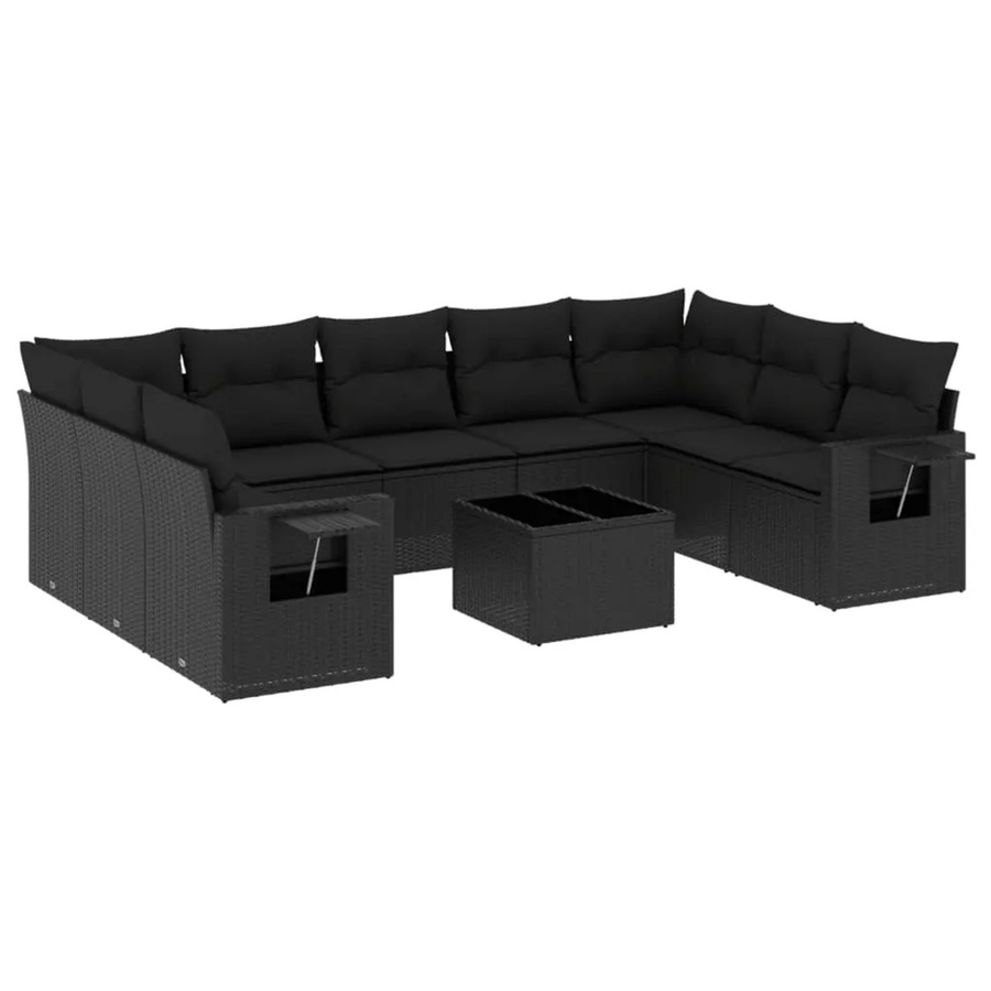 vidaXL 10-tlg. Garten-Sofagarnitur in L-Form aus Poly-Rattan mit Kissen, Schwarz - Bild 2