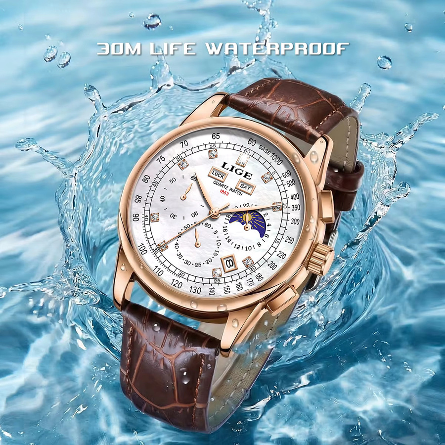 LIGE Armbanduhr Chronograph, Quarz, Weiß, Leder, Herren - Bild 4