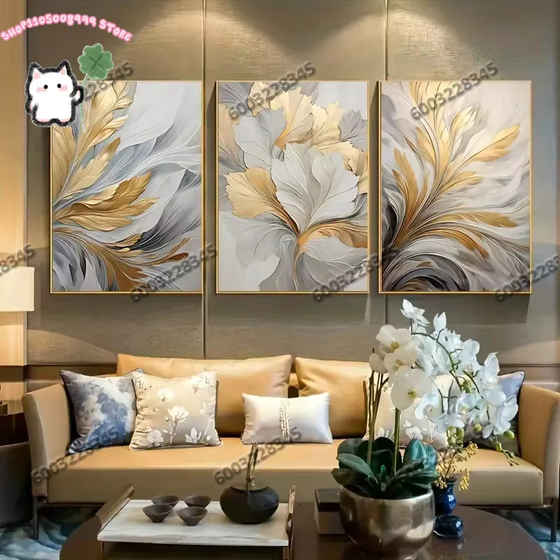 Potdemiel 3er Set Leinwanddruck Wandkunst mit goldenen weißen Blättern in floralem Design für Wohnzimmer Schlafzimmer und Büro - Bild 2