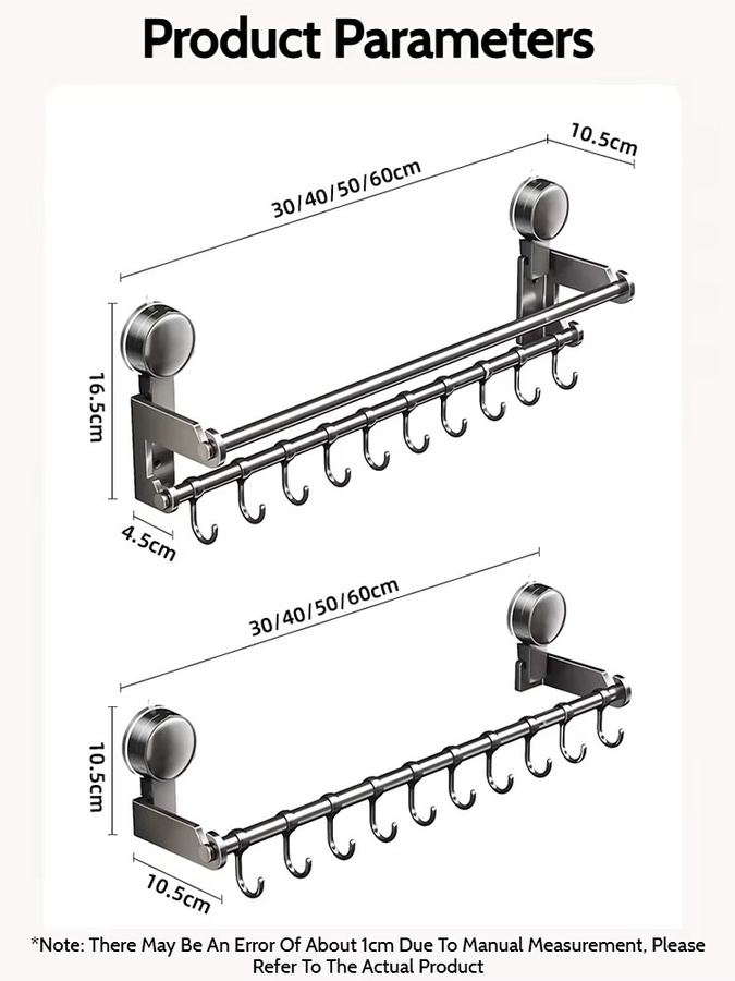 Stenoc Küchenhakenleiste aus Metall in Grau mit abnehmbarem Saugnapf, Utensilienhalter für die Wandmontage, Breite: 60,0 cm, Höhe: 16,5 cm - Bild 5