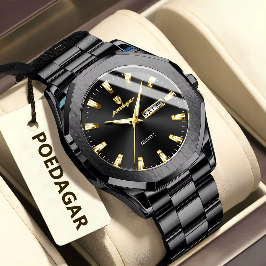 POEDAGAR Armbanduhr Quarz, Edelstahl, Schwarz, Silber, Herren - Bild 2