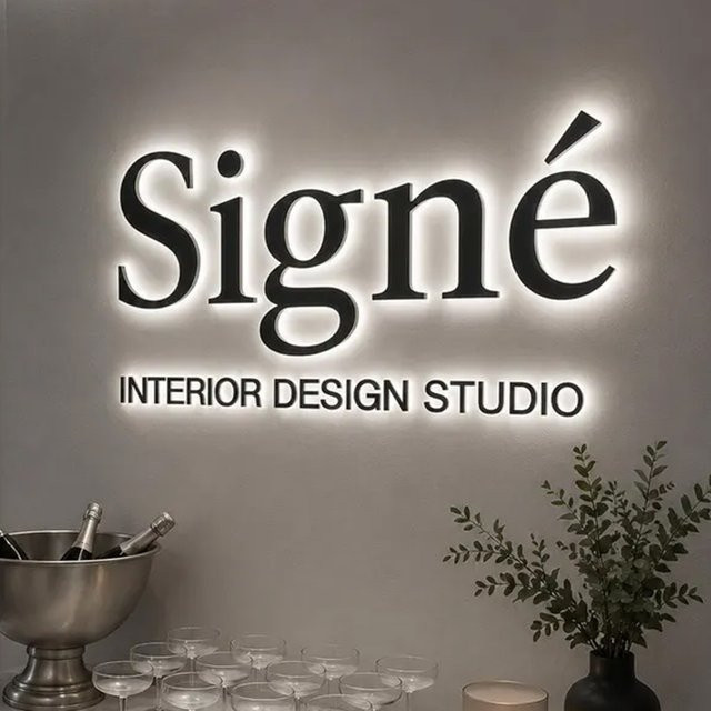 Individuelles SZREBOW Metall-Firmenschild mit LED-Hintergrundbeleuchtung in Schwarz und warmweißem Halo-Effekt - Bild 1