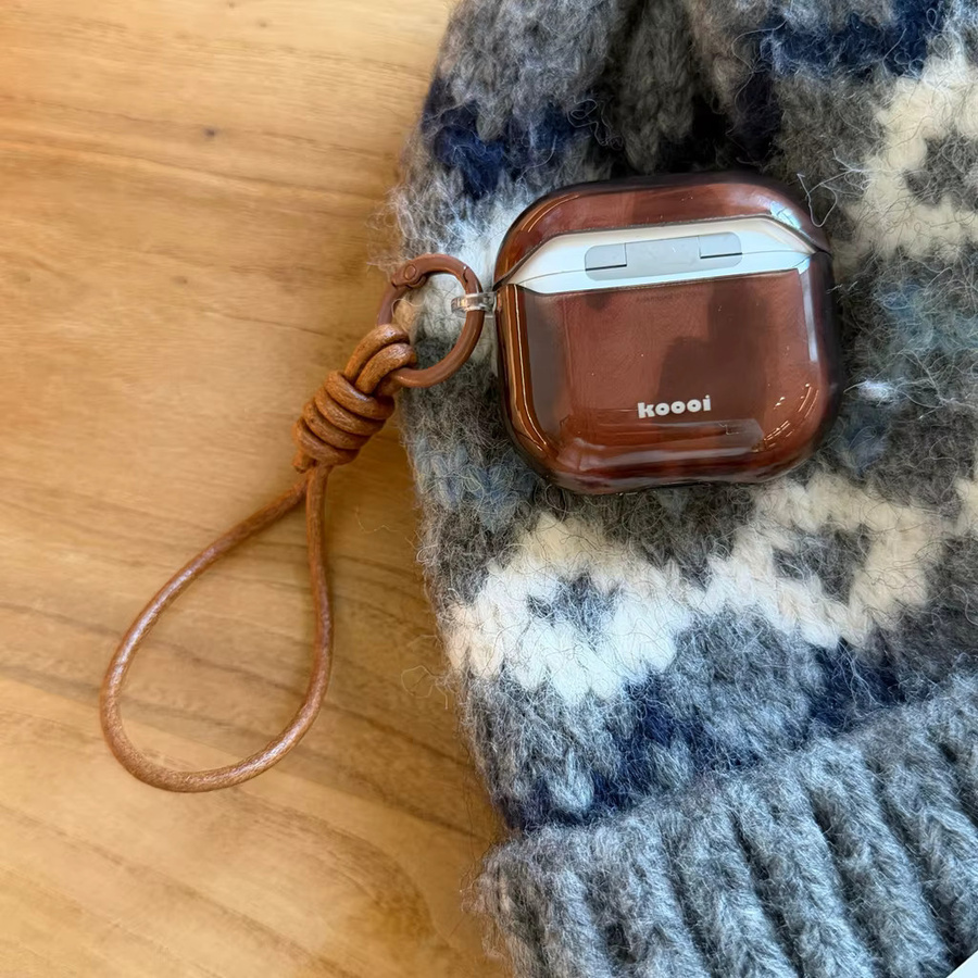 Stoßfeste Schutzhülle für Apple AirPods (1, 2, 3, 4 und Pro 2) mit Schlüsselband im Retro-Design, Bernsteinmuster, Braun - Bild 3