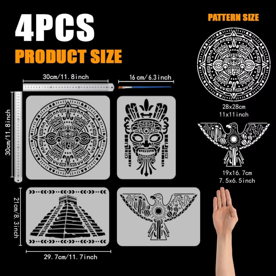 4er-Set Azteken-Muster-Schablonen mit Pinsel, 4 verschiedene Stammes-Stile aus wiederverwendbarem PET für Vogel-Dekorationen - Bild 2