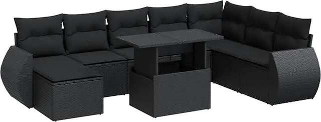 vidaXL 9-tlg. Garten-Sofagarnitur in L-Form aus schwarzem Poly-Rattan mit wetterfesten Kissen und pulverbeschichtetem Stahlgestell - Bild 1