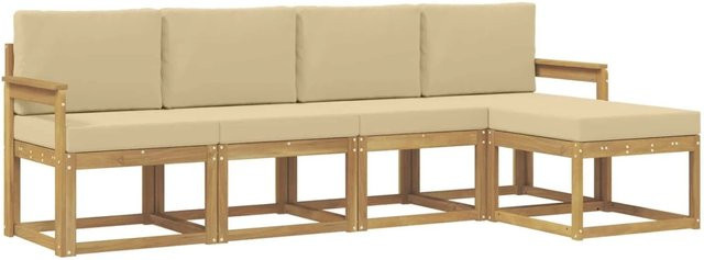 vidaXL Outdoor-Sofagarnitur in L-Form aus massivem Akazienholz mit Kissen, 5-teilig, Weiß und Beige - Bild 1