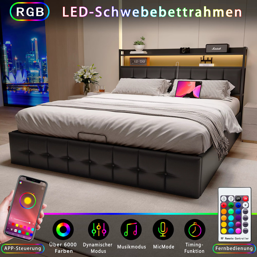 Rosahqnda Polsterbett mit LED-Beleuchtung und USB-Ladefunktion in Grau, Doppelbett mit Stauraum und Lattenrost aus PU-Leder, B/T: 140 x 190 cm - Bild 4