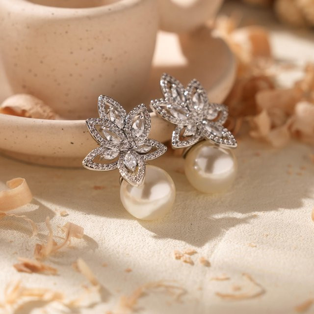 LISHAYUNXI Ohrstecker Blumen, Messing, Gold, Perle - Bild 1