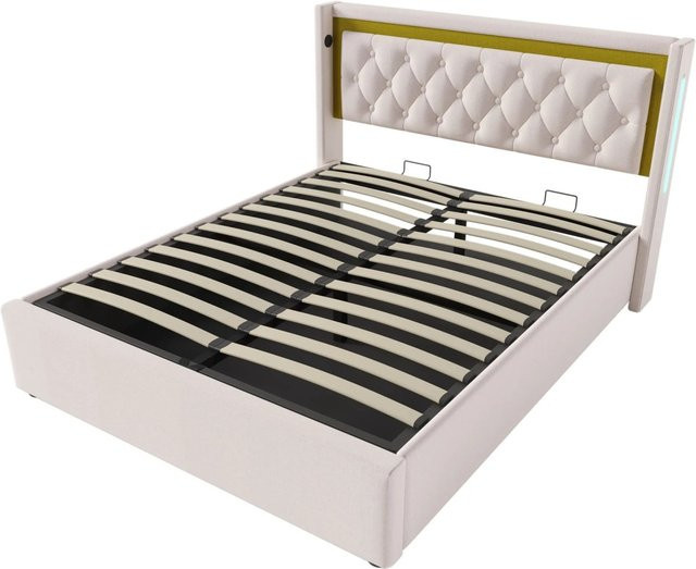 Merax Polsterbett mit LED-Unterbettbeleuchtung und USB-Ladeport, Beige/Weiß, B/T/H: 140 x 200 x 208 cm - Bild 1