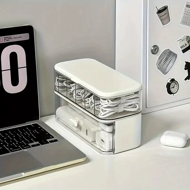 Doppelschichtiger Kabelorganizer aus Kunststoff für Schreibtisch und Büro mit verstellbaren Fächern, transparent und beige - Bild 4