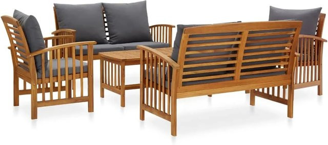 vidaXL 5-tlg Garten-Lounge-Set Modell 12 aus Akazien-Massivholz mit Auflagen und Kissen in Grau - Bild 1