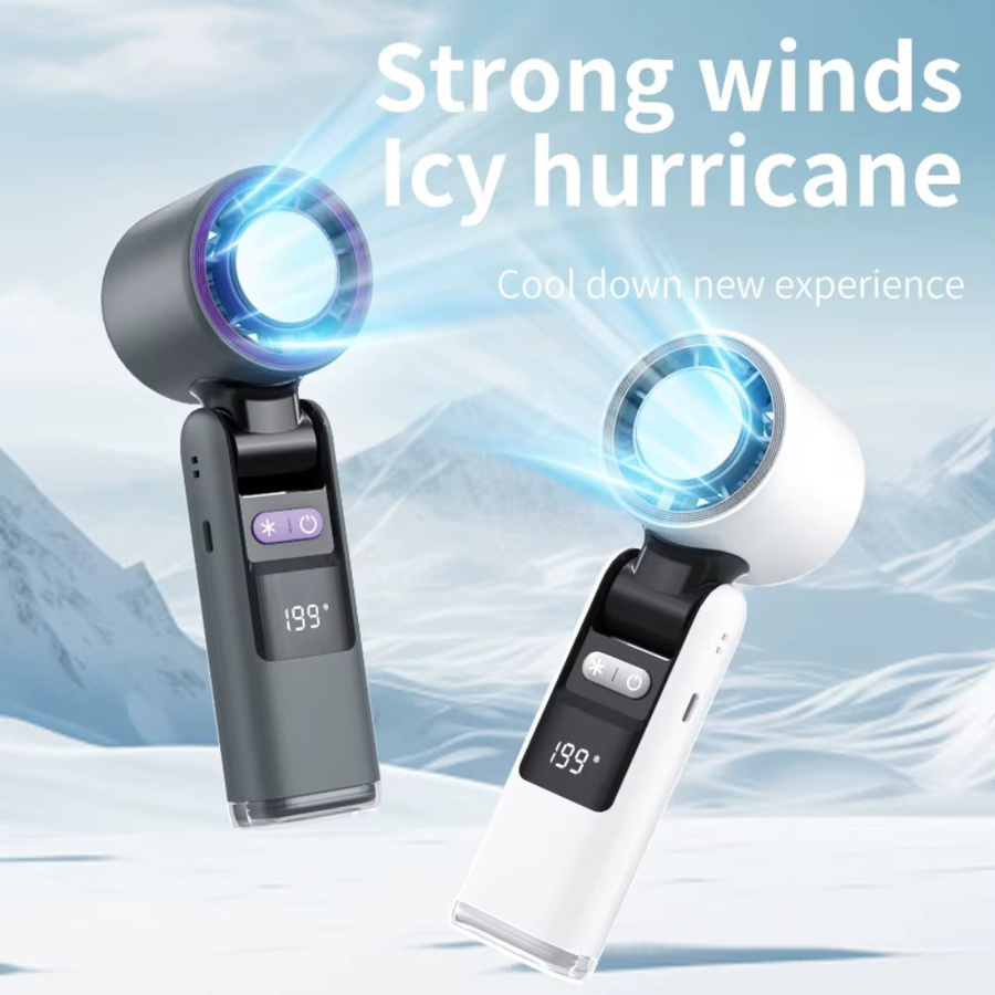 Tragbarer Mini Handventilator mit Eiskühler und LED-Anzeige, USB-aufladbar, faltbares Design, in Grau oder Weiß - Bild 2