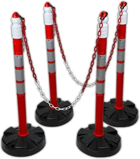 UvV Quad Absperrsystem bestehend aus 4 Kettenpfosten und 10 m Absperrkette in Rot-Weiß mit 6 mm Kettenstärke - Bild 1