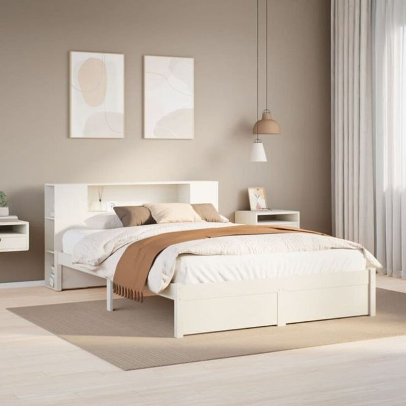 Massivholzbett Vidaxl aus Kiefer mit Regal in Weiß, B/T/H: 150 x 200 cm - Bild 1