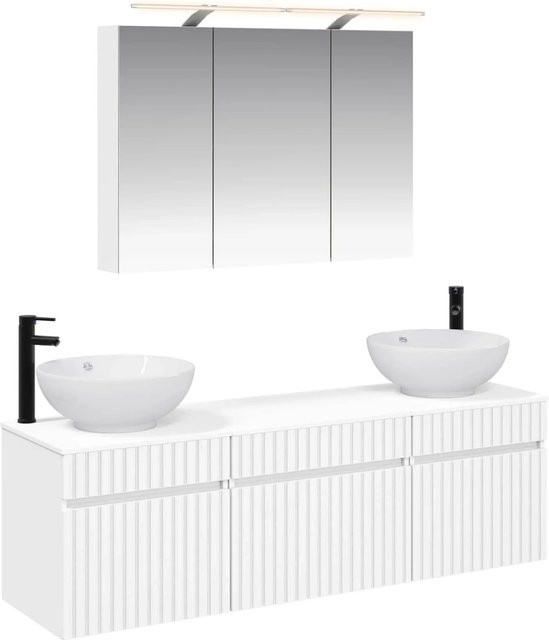 vidaXL Badezimmerschrank-Set 4-teilig in Weiß, modern mit LED-Beleuchtung und Spiegelschrank, B/H/T: 100 x 70 x 14,5 cm - Bild 1