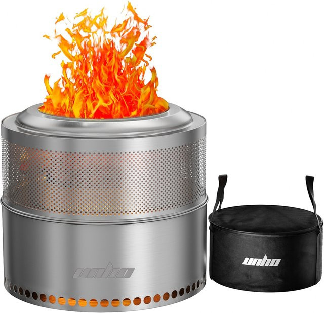 UNHO Rauchfreie Feuerschale aus 304 Edelstahl in Silber, 19 Zoll tragbarer Campingkocher mit perforiertem Kamin für Holzverbrennung im Freien - Bild 1
