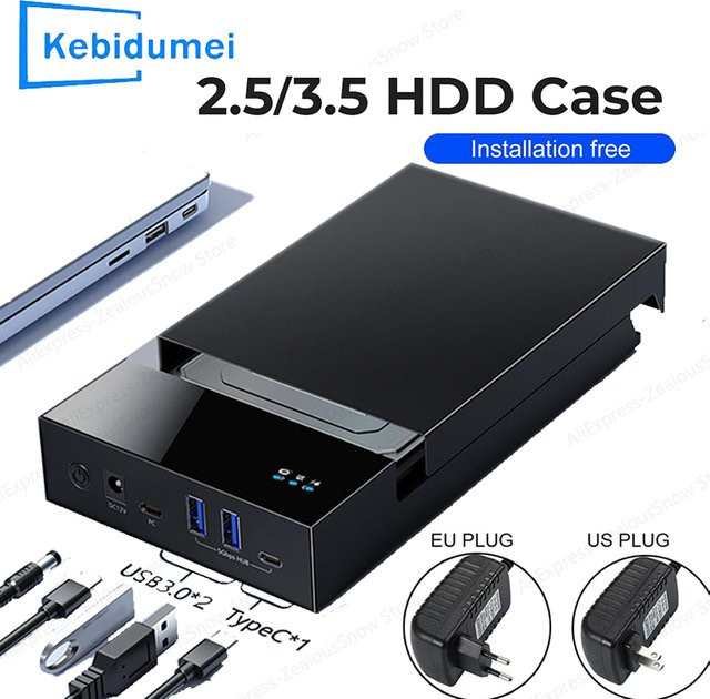 Kebidu Externes HDD-Gehäuse USB 3.0 mit USB-C Typ und integriertem HUB für 2,5 und 3,5 Zoll SATA Festplatten bis 20 TB, Schwarz - Bild 1