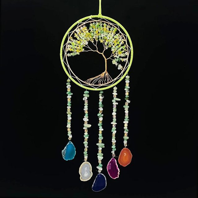 7 Chakra Edelstein Lebensbaum Traumfänger aus farbigem Achat als dekoratives Windspiel und Wandbehang in Multicolour - Bild 1