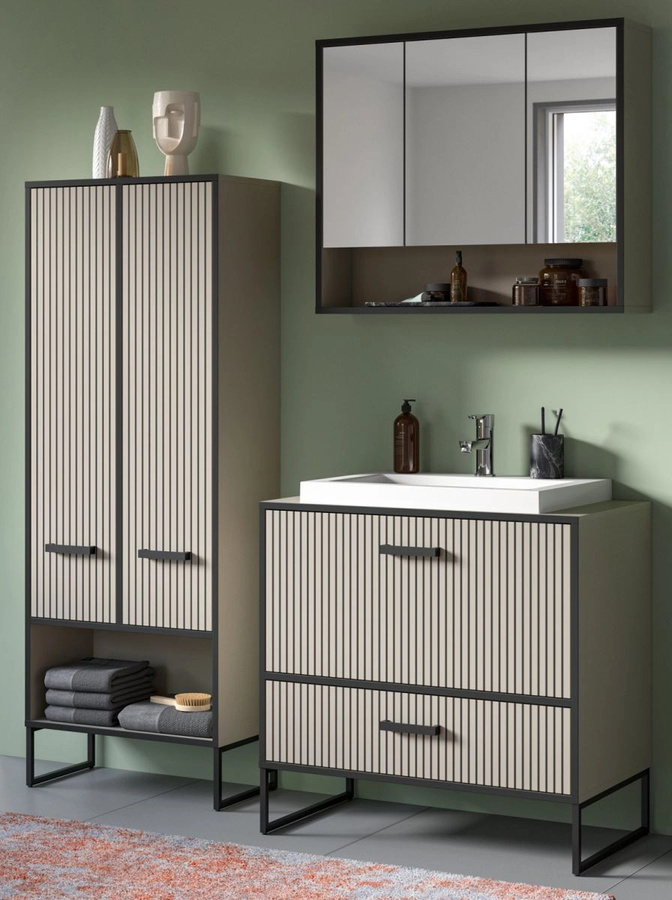 Inn.Furn Badmöbel Set Scana in Sand mit Waschbecken, Spiegelschrank und Unterschrank, B/T/H: 154 x 48 x 192 cm - Bild 1