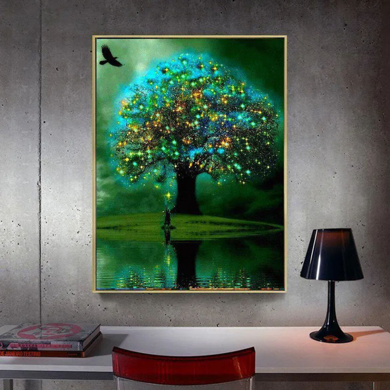 FIYO Diamantstickerei Landschaft mit Baum und Himmel, rund, mehrfarbig, B/H: 20 x 30 cm - Bild 5