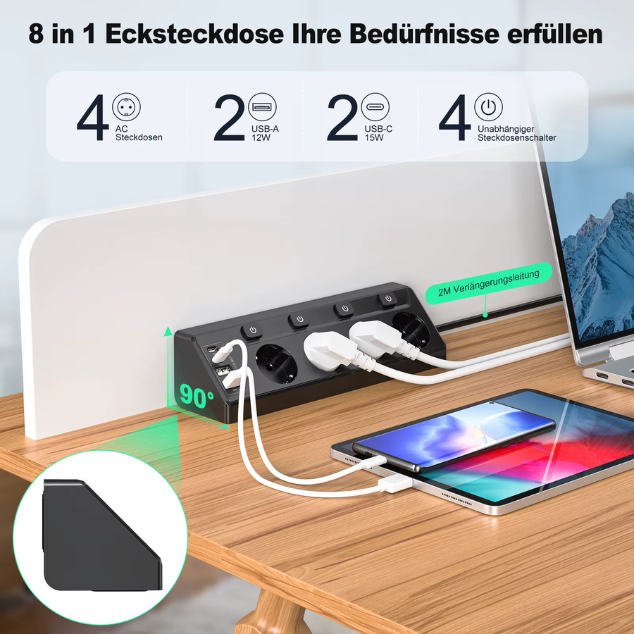 HITRENDS 4-Wege-Steckdosenleiste mit Überspannungsschutz in Schwarz, inklusive 2 USB-A und 2 USB-C Anschlüssen sowie unabhängigen Schaltern - Bild 3