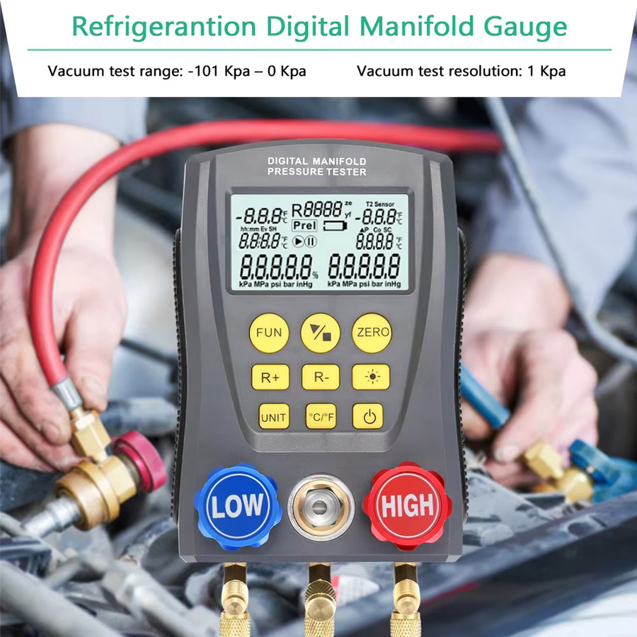 Podofo Digitales Manometer-Set für HVAC-Kältemittel mit Druckprüfer, Vakuum- und Temperaturmessgerät sowie integrierter Kältemitteldatenbank für Klimaanlagen - Bild 2