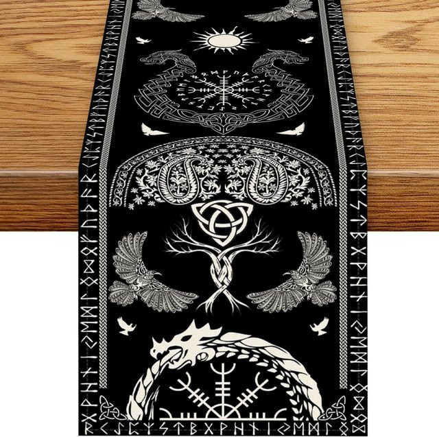 JMG Household Supplies Tischläufer Nordische Wikinger Mythologie Rabe Helm des Respekts, Farbe: Braun/Schwarz, B/T: 150 x 33 cm - Bild 1