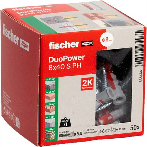 Fischer DUOPOWER 2-Komponenten-Dübel aus Nylon, Farbe: Grau/Rot, Durchmesser: 8 mm, Länge: 40 mm, 50 Stück - Bild 2