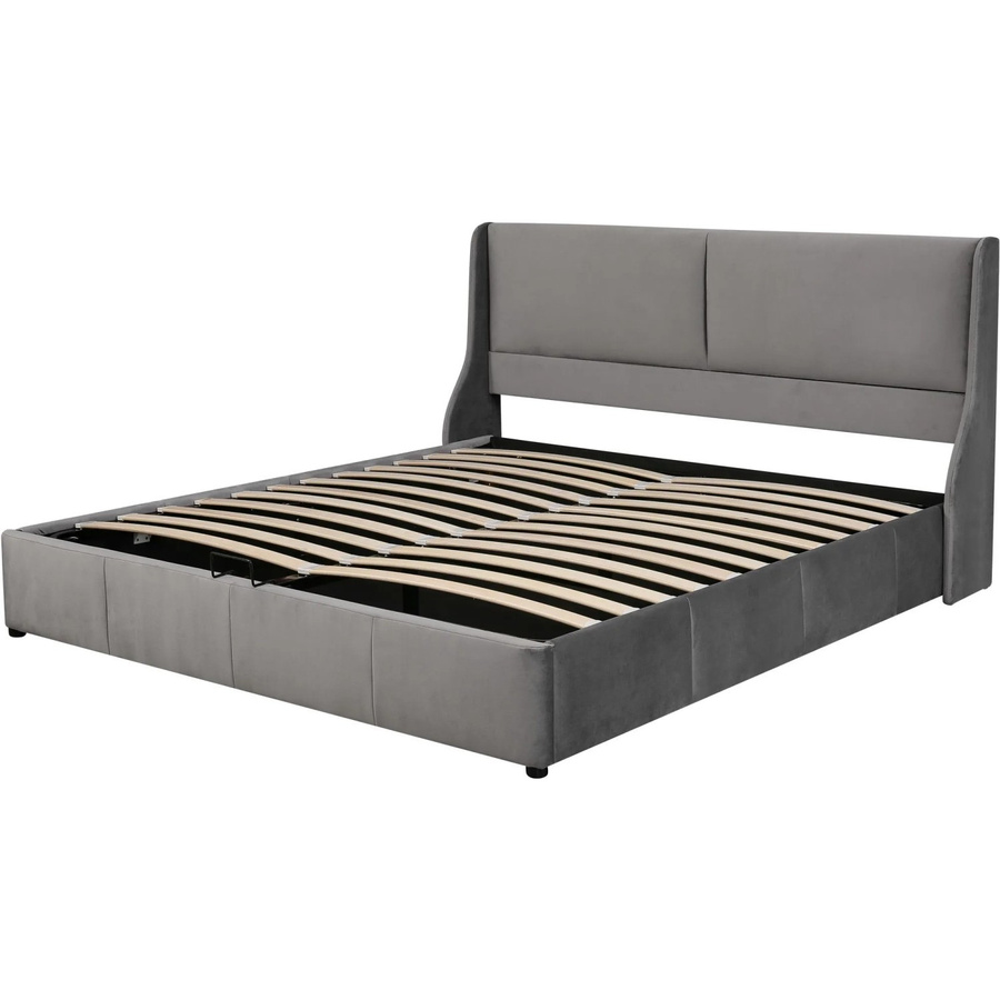 okwish Doppelbett mit hydraulischem Lift-up-Boden aus Samt in Grau, B/T/H: 180 x 200 x 100,5 cm (Höhe: 188 cm, Gesamtlänge: 209 cm) - Bild 2
