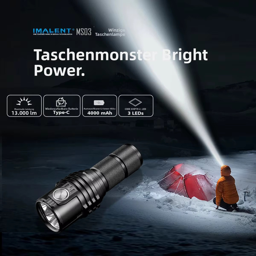 IMALENT MS03 EDC Taschenlampe Schwarz mit 13000 Lumen CREE XHP70.2 LED, Typ-C wiederaufladbar, 324m Reichweite und IPX8 Wasserdichtigkeit - Bild 2