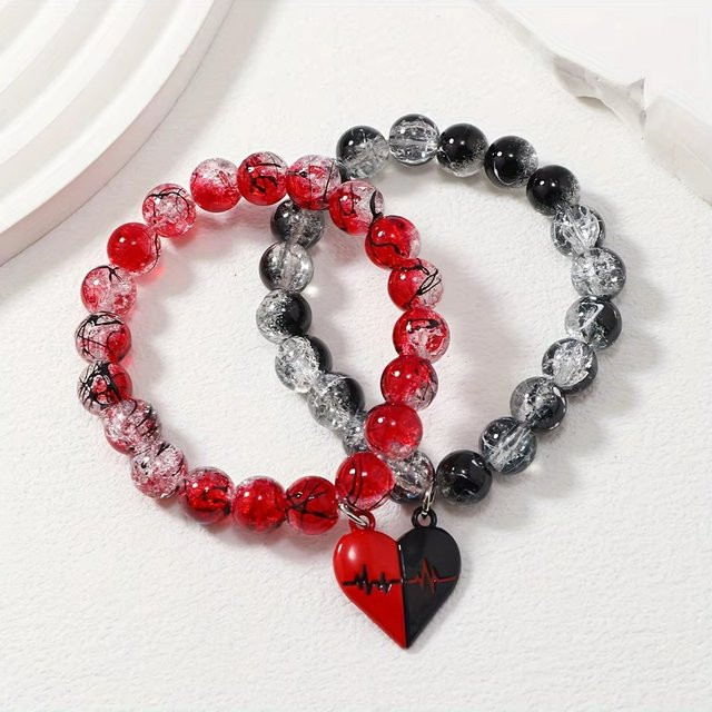 YUMEI Paar-Armbänder, Perlen, Rot-Schwarz, Unisex - Bild 1