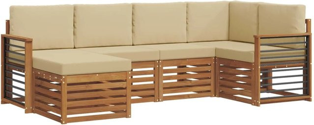 vidaXL Sofagarnitur 6-teilig aus Massivholz Akazie in Natur und Beige mit L-Form und Polsterung - Bild 1