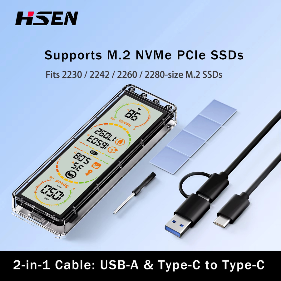 HSEN Transparentes M.2 SSD-Gehäuse mit Smart-Display, 10Gbps USB 3.2 Gen2 Typ-C, unterstützt NVMe und SATA Dual-Protokoll - Bild 5