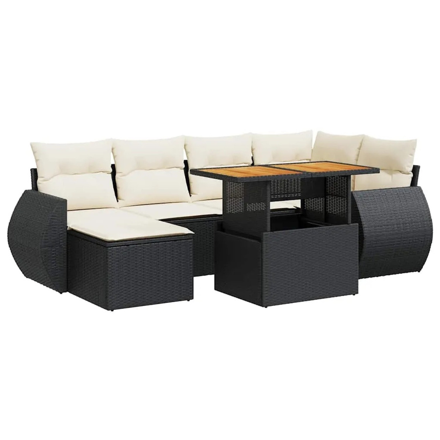 vidaXL 7-teilige Garten-Sofagarnitur aus Poly-Rattan und Akazienholz in Schwarz-Creme mit Kissen - Bild 2