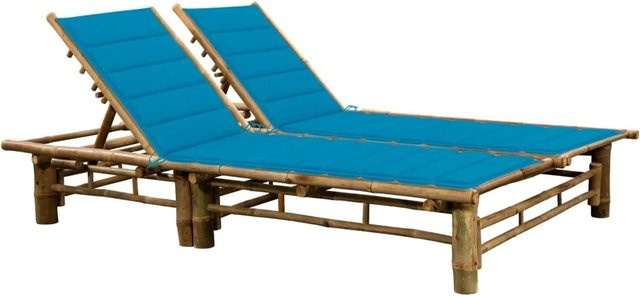 vidaXL 2-Personen-Sonnenliege aus Bambus mit blauen Auflagen und verstellbarer Kopfstütze - Bild 1