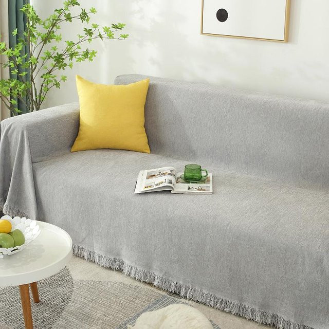 Modernes Chenille-Sofatuch mit Quasten von Super Six in Blau oder Grau, B/T: 180 x 90 cm - Bild 1