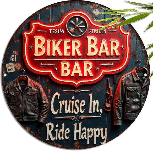 Potdemiel Vintage Biker Bar Metallwandschild im Retro-Neon-Stil, Mehrfarbig, B/H: 20,32 x 20,32 cm - Bild 1