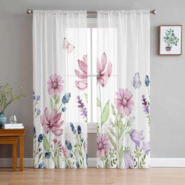 Transparente Organza Vorhänge mit Blumen- und Schmetterlingsmuster von A Family Of Home Textiles, Farbe Multicolour, B/H: 135 x 137 cm, 2 Stück - Bild 1
