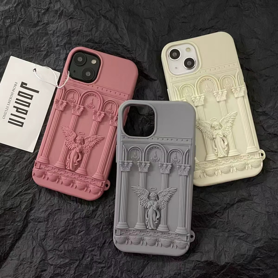 K'try Silikon Handyhülle mit Retro-Engel-3D-Kunstwerk für iPhone 16 15 14 13 17 Pro Max in Grau - Bild 5