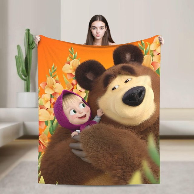 LjqNine Flanell Überwurfdecke Mascha und der Bär in Orange, B/B: 100 x 150 cm - Bild 1