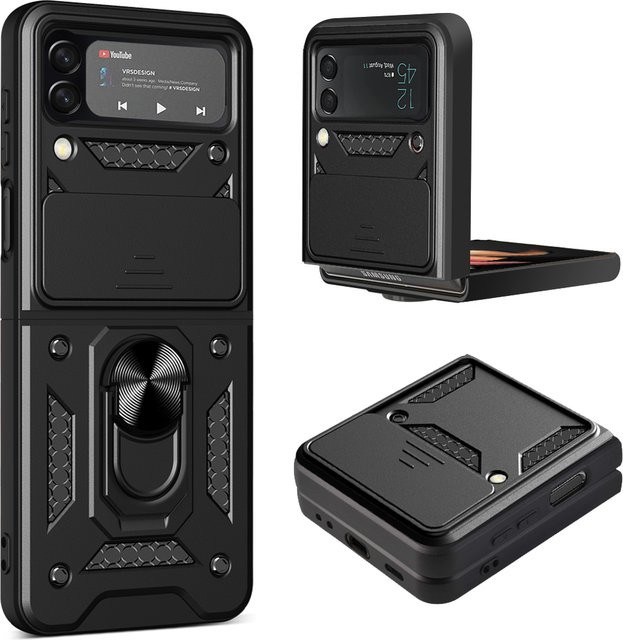 Samsung Galaxy Z Flip4 Panzer-Handyhülle mit magnetischem Halter und Schiebe-Kameraschutz in Schwarz und Grün - Bild 1