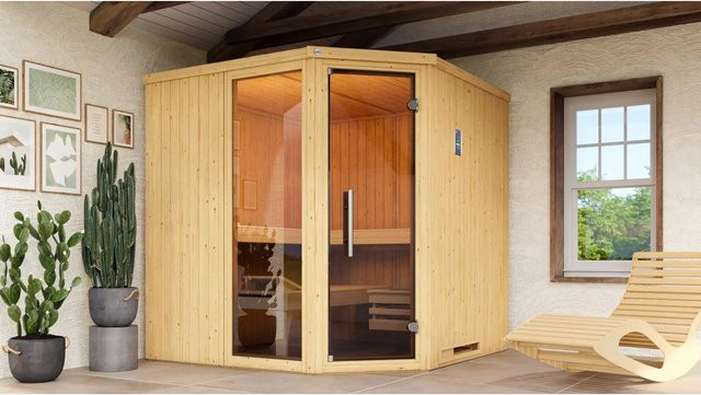Weka Ecksauna Varberg 3 mit 3 Glastüren und Fenstern, BioS Saunaleuchtenset, braun, B/H/T: 194 x 199 x 194 cm - Bild 1