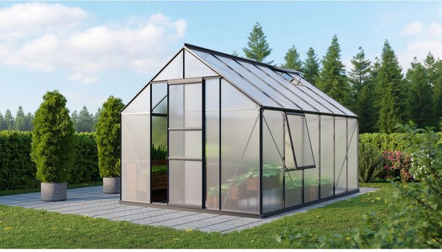 Vitavia Gewächshaus Meridian 9900 Schwarz mit Fundament und Regenrinnen aus Aluminium und Polycarbonat für die Pflanzenzucht im Garten - Bild 1