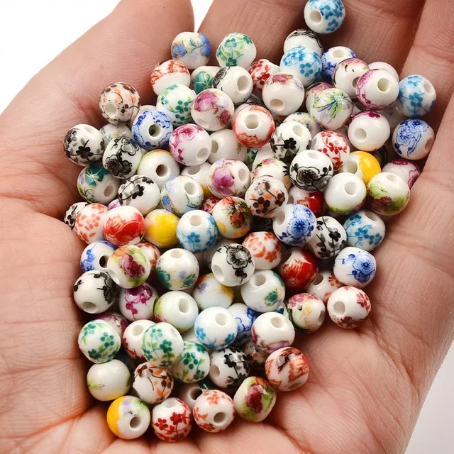 Perlen Keramik, Blumenmuster, rund, 6 mm, 50 Stück - Bild 1