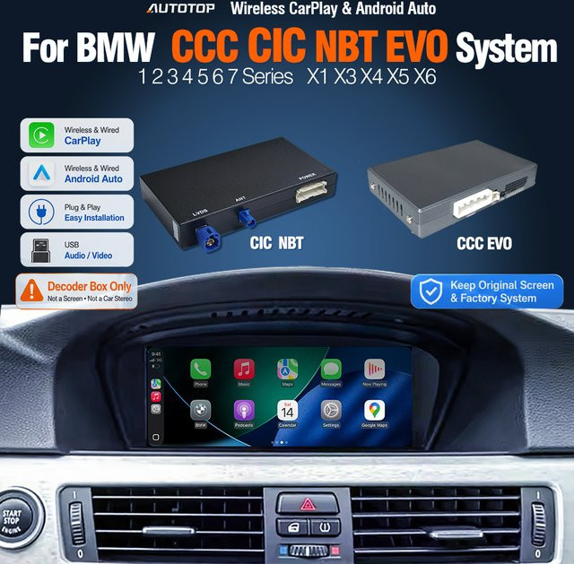 AUTOTOP Kabelloser CarPlay und Android Auto Decoder für BMW EVO NBT CIC CCC Serie 1 2 3 4 5 6 7 X1 X3 X4 X5 X6 E60 E90 E87 E70 F10 F20 F30 F48 in Schwarz - Bild 1