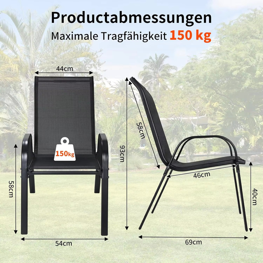 AuAg 4er Set Gartensessel aus Stahl und Textilene mit hoher Rückenlehne, schwarz, modern klappbar für Balkon, Terrasse und Camping - Bild 2