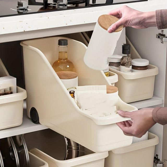 Küchen-Aufbewahrungsbox für Topfdeckel aus Kunststoff in Weiß mit Schublade und Riemenscheibe - Bild 1