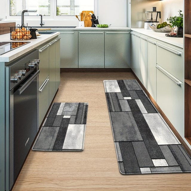VIKAMA 2er-Set Küchenteppiche mit geometrischem Design in Schwarz-Weiß-Grau, rutschfest und saugfähig - Bild 1