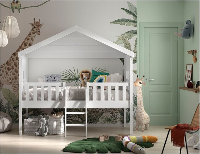 Vipack Hausbett für Kinder aus Kiefer mit Leiter und Dachaufbau, Weiß lackiert, Liegefläche 90 x 200 cm - Bild 1